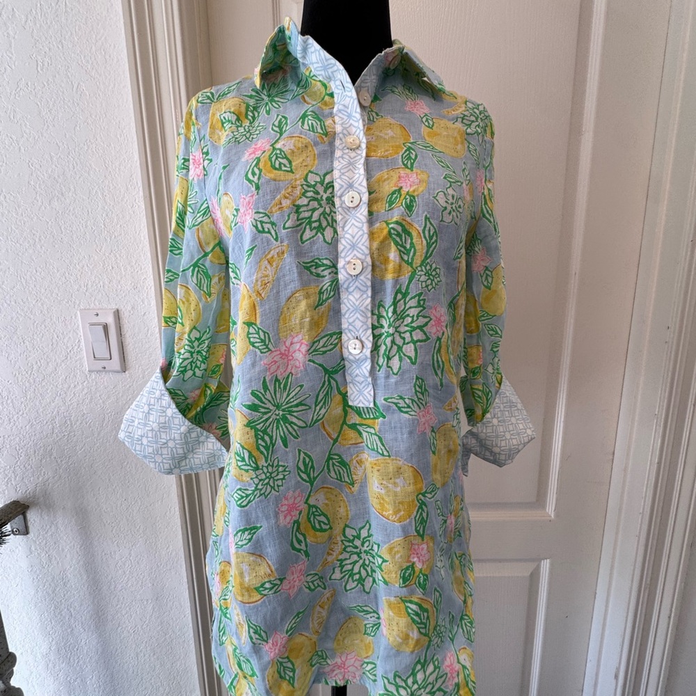 Lilly Pulitzer Sz XXS Riverlyn Pieced Print Tunic Bluette Make Lemonade in Linen - Picture 10 of 12